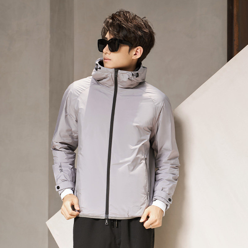 DAVID NAMAN【白鹅绒】秋冬男士灰色连帽简约拉链保暖轻薄羽绒服