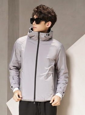 DAVID NAMAN【白鹅绒】秋冬男士灰色连帽简约拉链保暖轻薄羽绒服