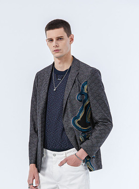 DAVID NAMAN春夏时尚磨毛满印潮流风男深灰色两粒扣西服外套