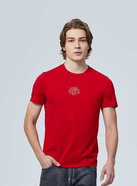 DAVID NAMAN新年款本命年红色龙刺绣LOGO男短袖圆领T恤内搭