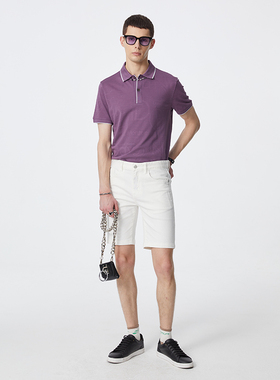 DAVID NAMAN紫色提花logo暗纹翻领白边短袖polo衫棉质商务休闲