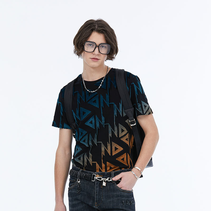 DAVID NAMAN【纯棉凉爽】新品剪绒立体渐变字母休闲圆领短袖T恤