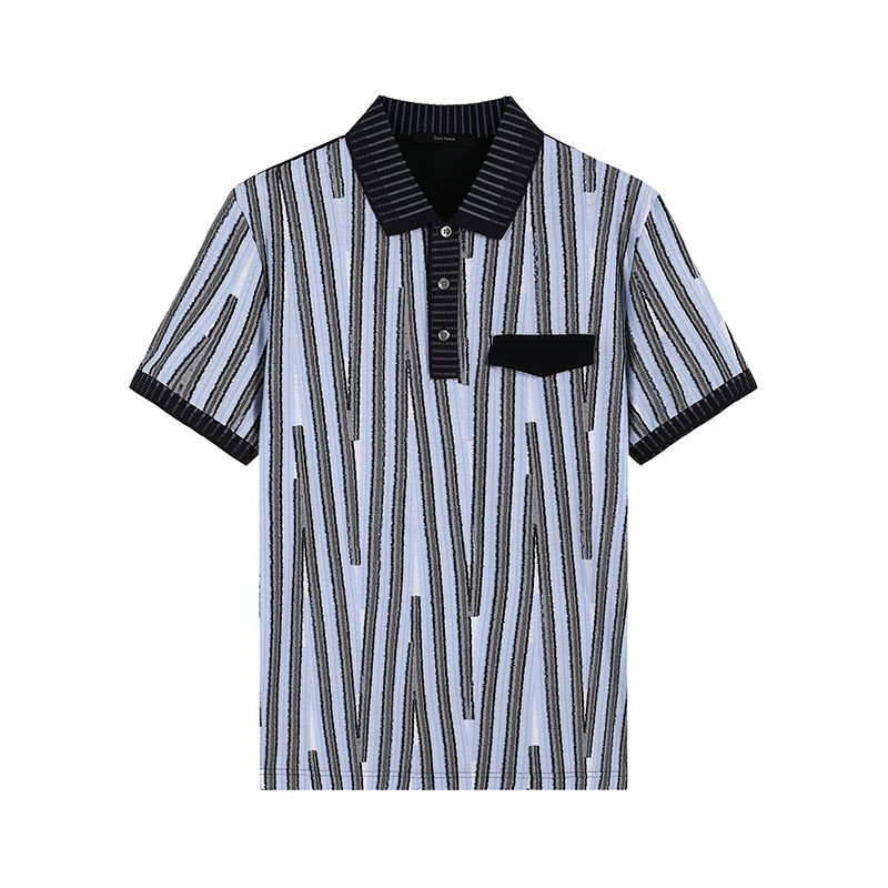 DAVID NAMAN【春夏新款】商务休闲撞色竖纹剪花翻领短袖polo衫男
