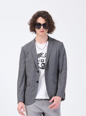 DAVID NAMAN【原创设计】春夏新款时尚满印浅灰色高档西服外套男
