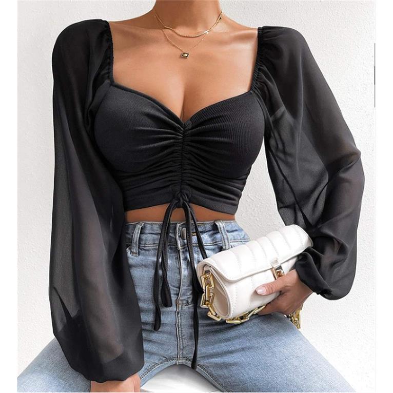 欧美性感V领长袖修身短衬衫上衣女 sexy crop blouse top women