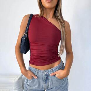 Single open shoulder vest back top pleated shirt women for