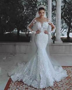 Long Mermaid Sleeve Appliques Gowns Wedding Bridal Dress