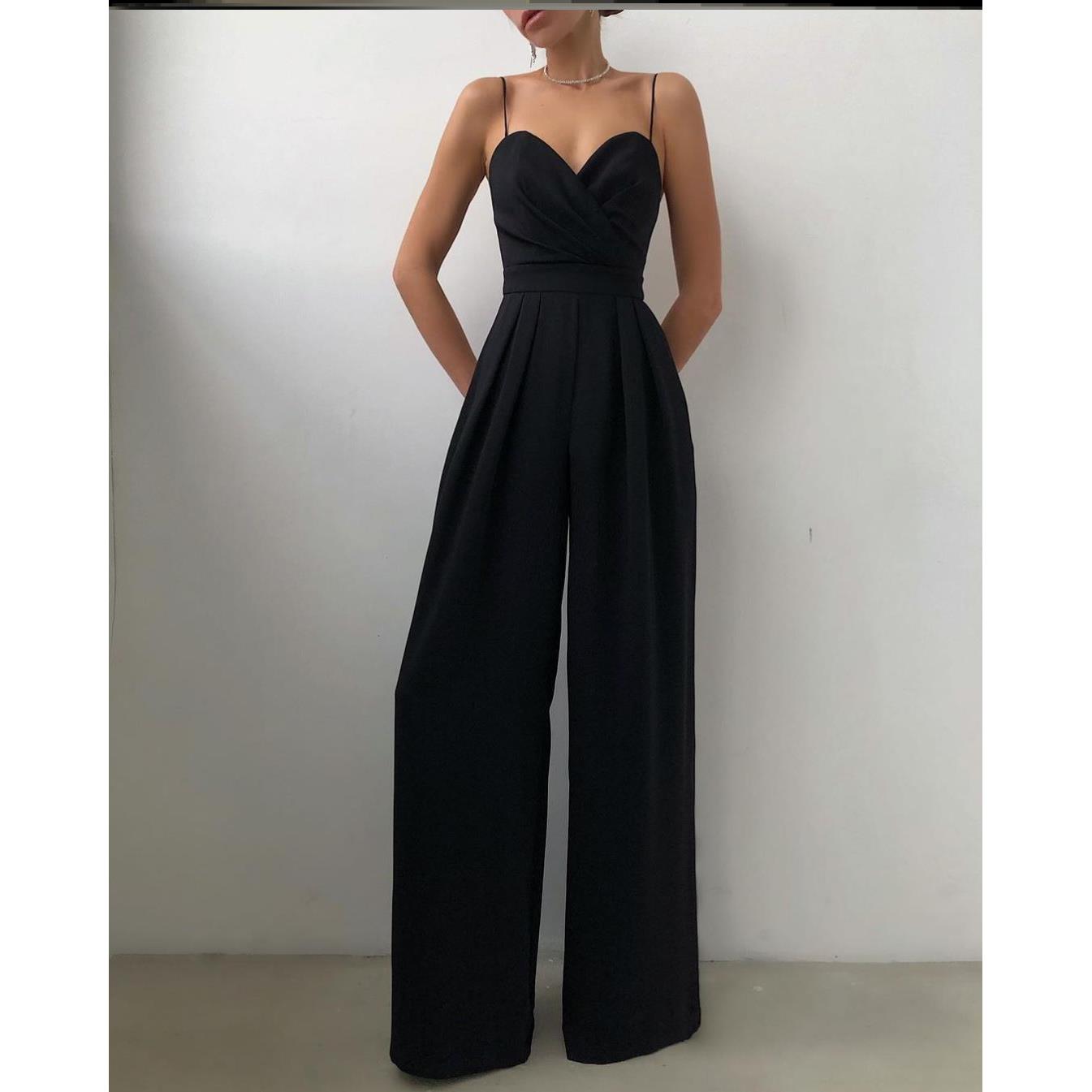 Women suspender Jumpsuit 吊带收腰直筒拖地连体裤春夏