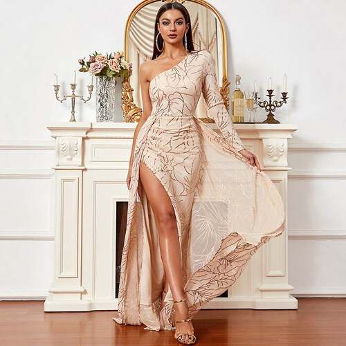 Prom Party Dresses 性感亮片一字领露肩婚礼生日伴娘服晚礼服