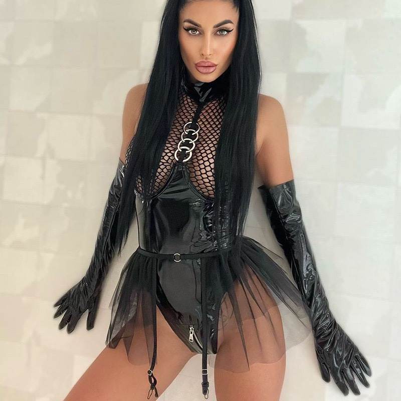 欧美时尚经典女装挂脖Pu皮拉链连体上衣含网纱半裙上衣酒吧演出服