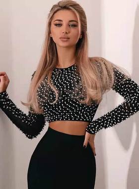 Women Long Sleeve Party Sexy Mesh Top Sexy Beading Tops