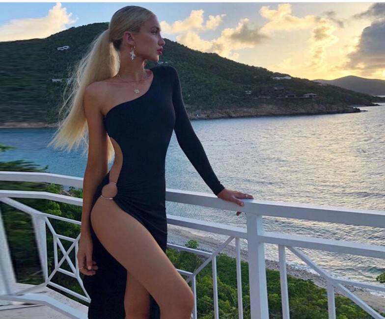 欧美风性感镂空单袖抹胸长袖不规则连衣裙开衩晚礼服中长裙两穿潮