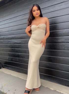 欧美时尚经典女装夏季新品抹胸针织过膝高妹连衣裙线衣裙黑色长裙