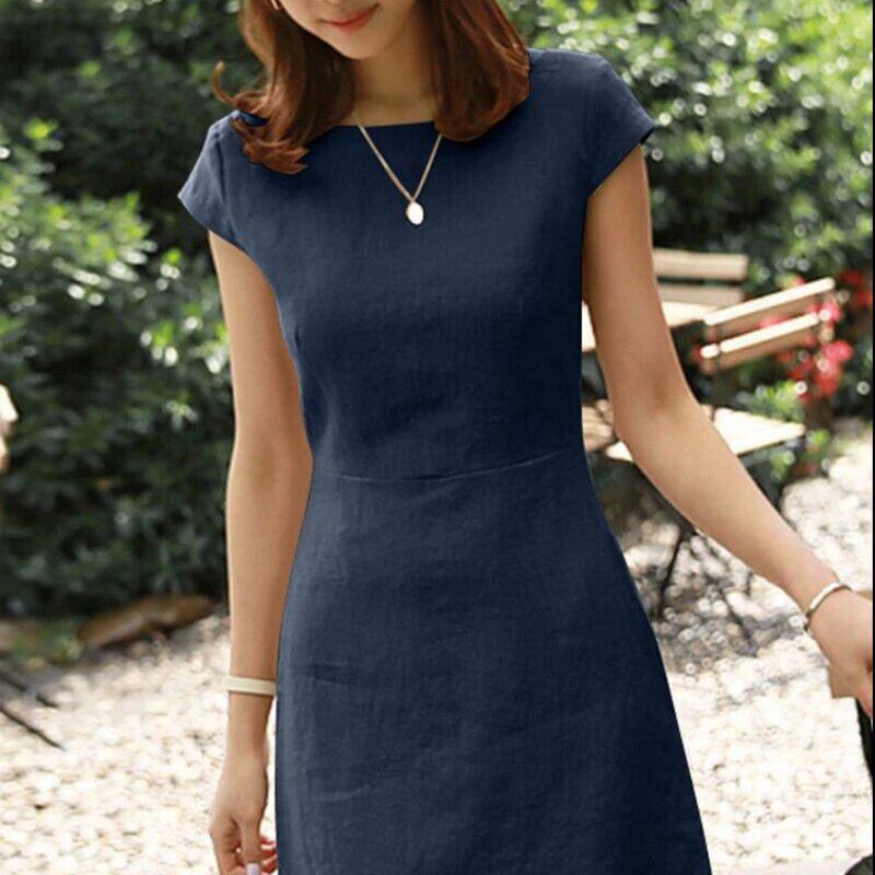 Cotton and linen dress女士新款后背大V镂空圆领短袖棉麻连衣裙