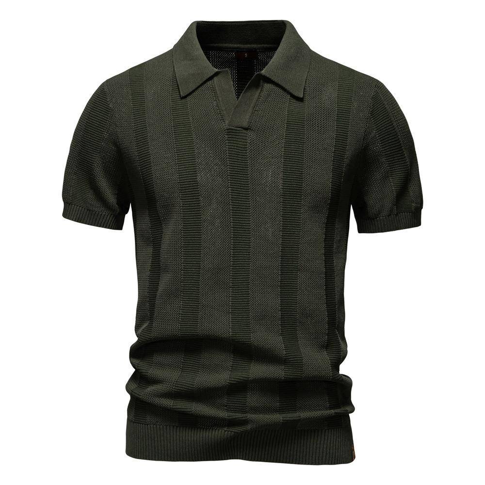 2025Summer striped hollow short sleeved polo shirt男条纹短袖