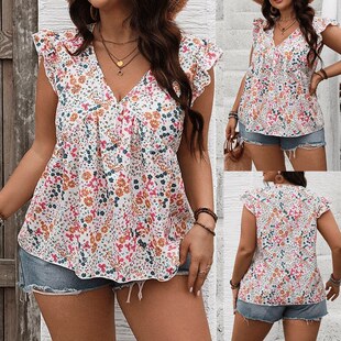 Plus summer size Print women lady blouse Shirts 衣 大码 tops