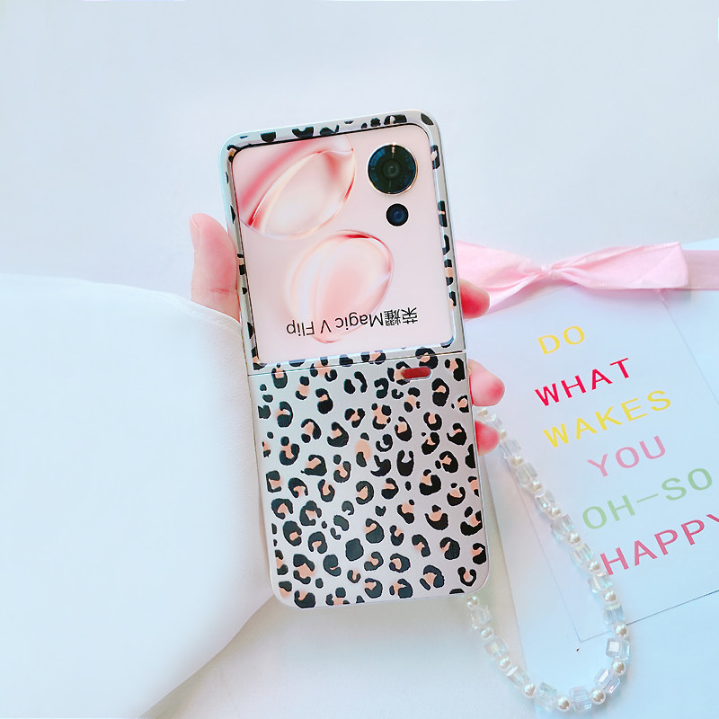 豹纹水晶链壳适用荣耀magic v flip手机壳华为Nova Flip折叠壳三星zflip6个性OPPOfindn3flip薄款pocket2女壳