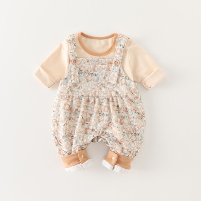 日本品质婴儿碎花背带裤套装春秋季连体衣女宝宝秋装洋气哈衣两件