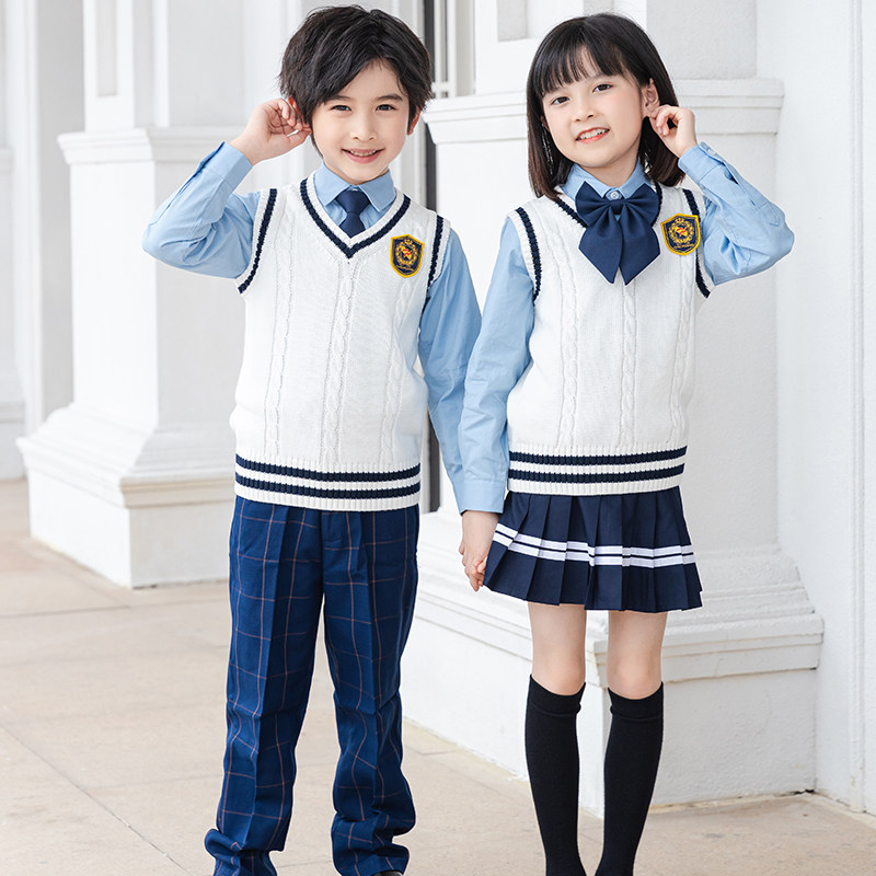 2021新品中学生校服幼儿园园服老师服V领白色毛衣学院英伦风套装