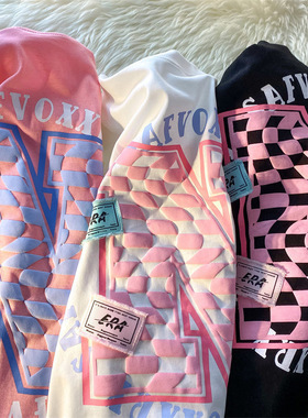 短袖T恤上衣women clothes2025新款精梳棉重工烫钻字母印花款宽松