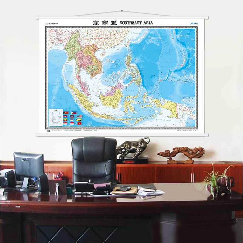 东南亚挂图 中英文对照 高清覆膜防水泰国缅甸印度尼西亚马来西亚 高清哑光覆膜 约1.5米*1.1米 办公家用客厅地图挂图