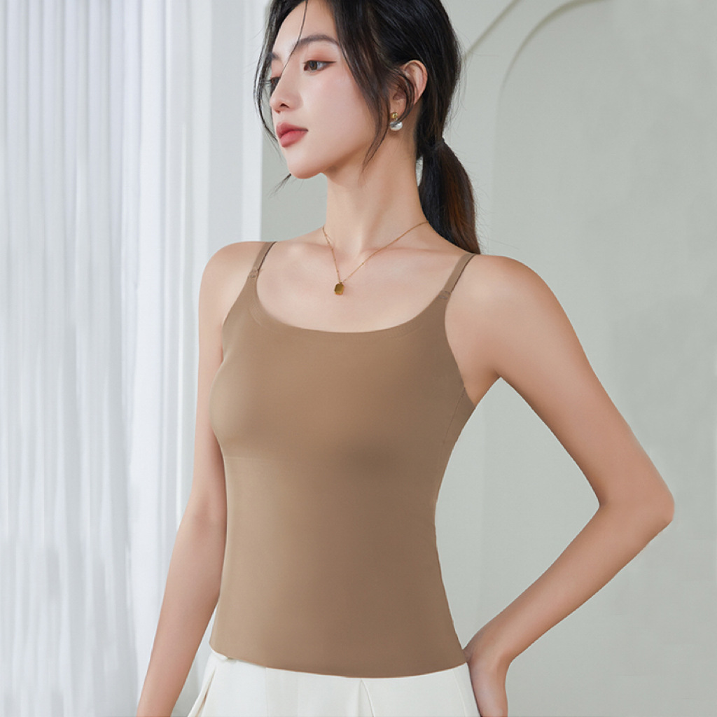 冰丝无痕百搭纯色美背内衣女带胸垫一体式固定杯夏季薄款吊带背心