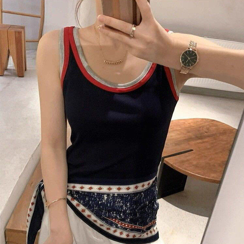 百搭撞色拼接设计感吊带背心早秋冬带胸垫一体式修身显瘦美背上衣