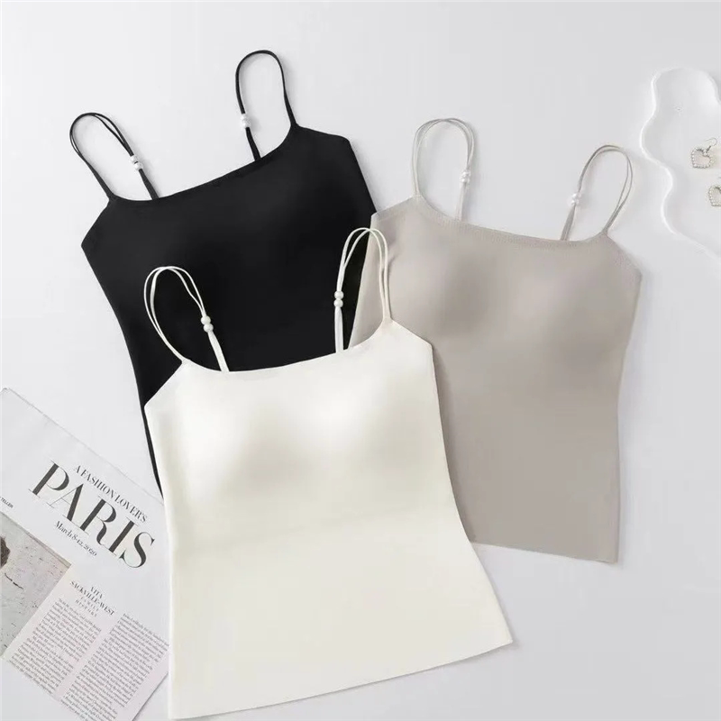 夏季薄款珍珠长款背心女士带胸垫一体式无痕修身显瘦大码美背吊带