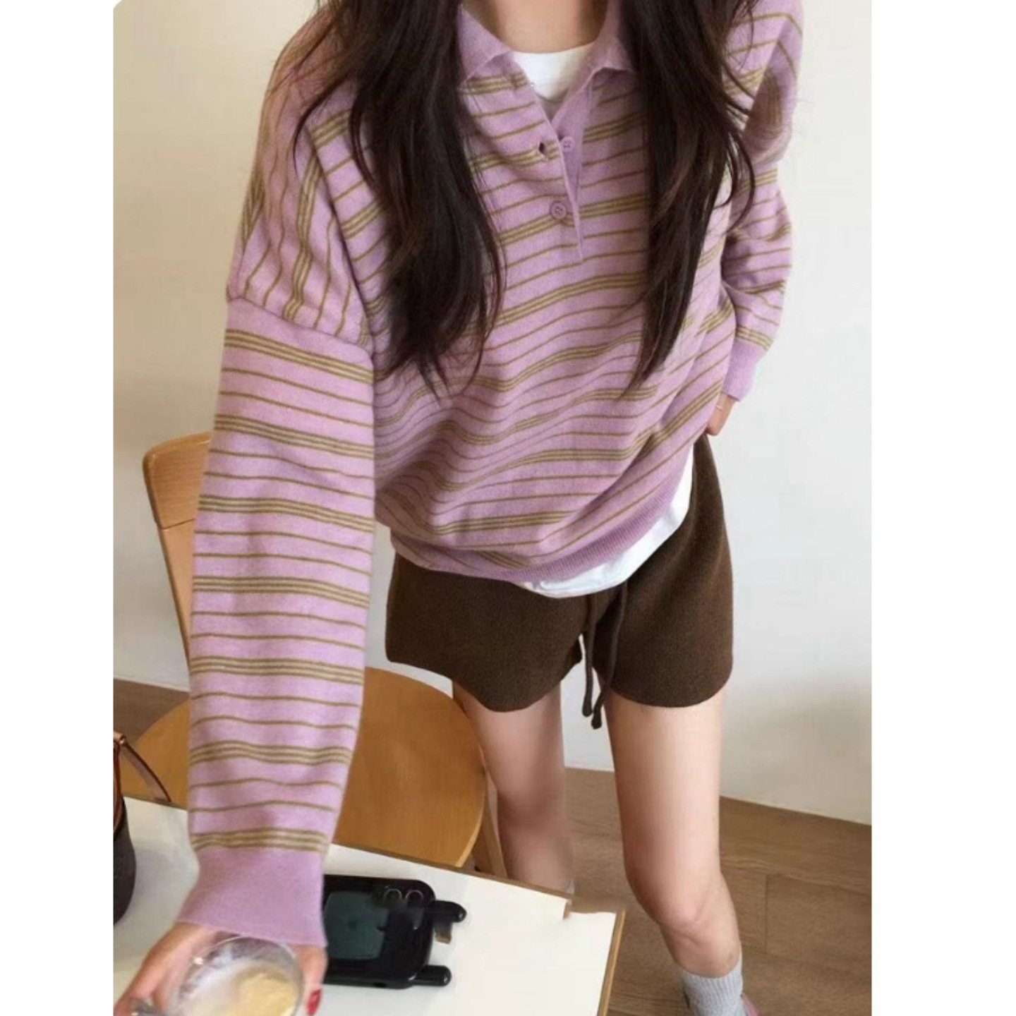 unum韩国2025秋冬miu系穿搭复古条纹长袖polo领针织衫女韩系毛衣