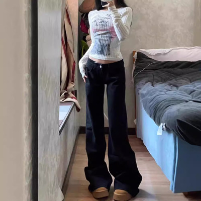 美式复古黑色低腰阔腿牛仔裤女春秋款直筒宽松显瘦百搭微喇叭裤子