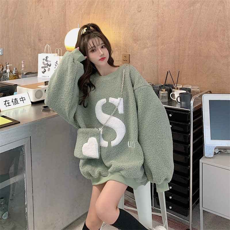 （送包包）仿羊羔绒卫衣女秋冬中长款大码学生保暖加绒加厚毛绒衣