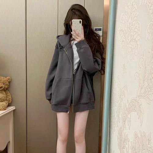 开衫卫衣女外套韩系慵懒风厚拉链连帽秋冬季chic早春2025新款