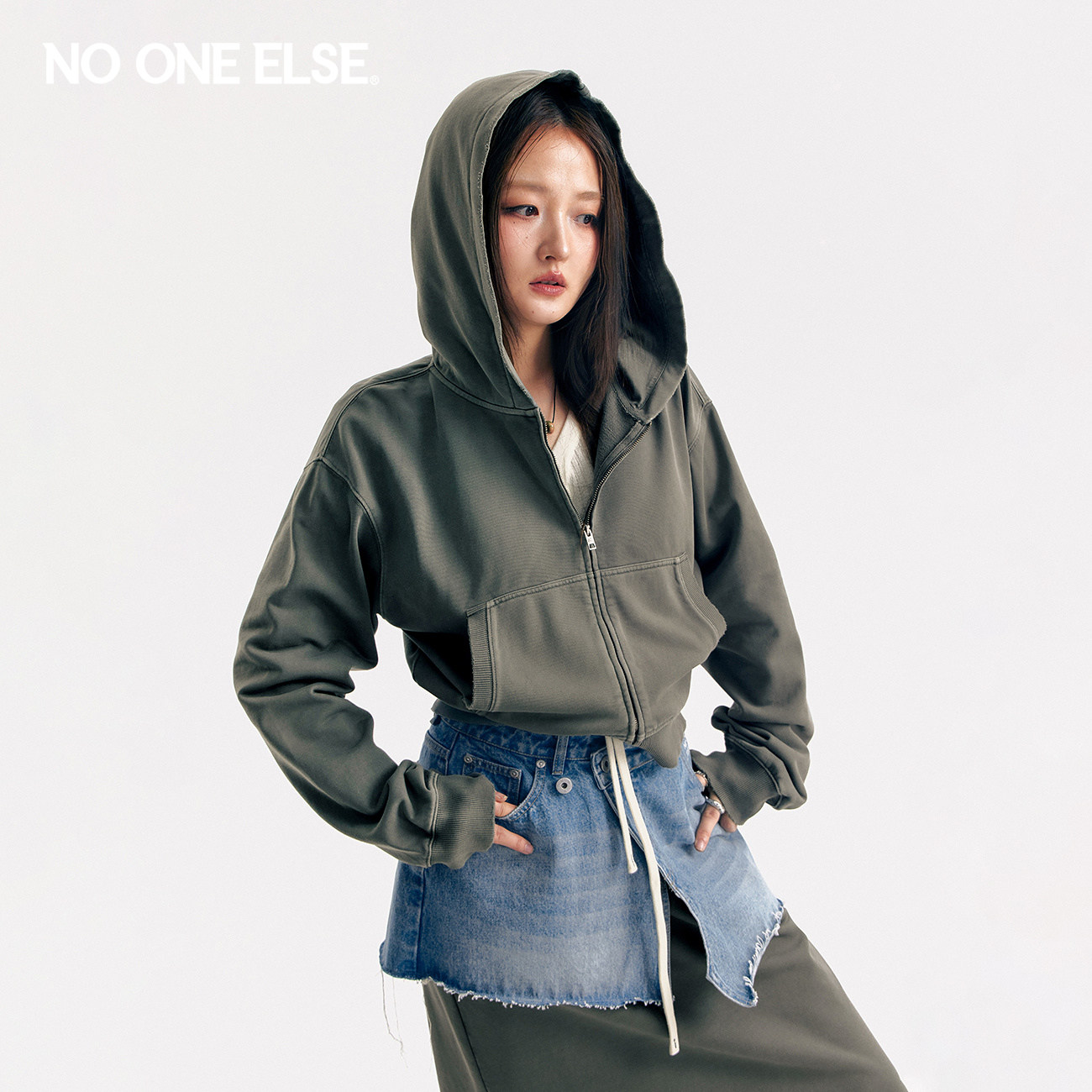 NO ONE ELSE连帽卫衣外套女士2026春秋新款做旧袋鼠兜长袖棒球衫
