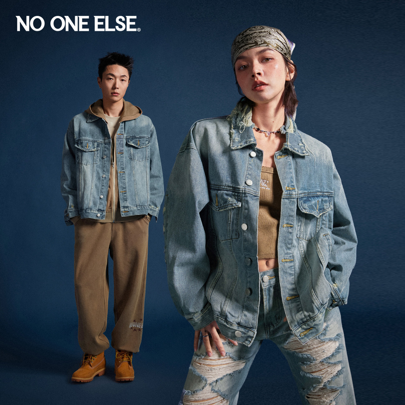 NO ONE ELSE破洞牛仔外套男女款2026年春秋新品磨白拼接宽松上衣