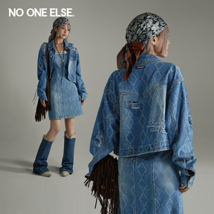 NO ONE ELSE破洞牛仔外套女2026春秋新品潮酷个性设计感短款上衣