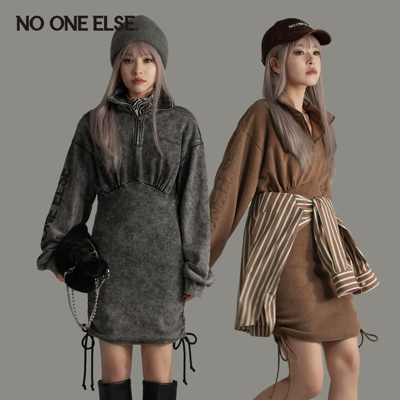 NO ONE ELS字母收腰长袖连衣裙女士2026年春秋新款抽绳包臀短裙子