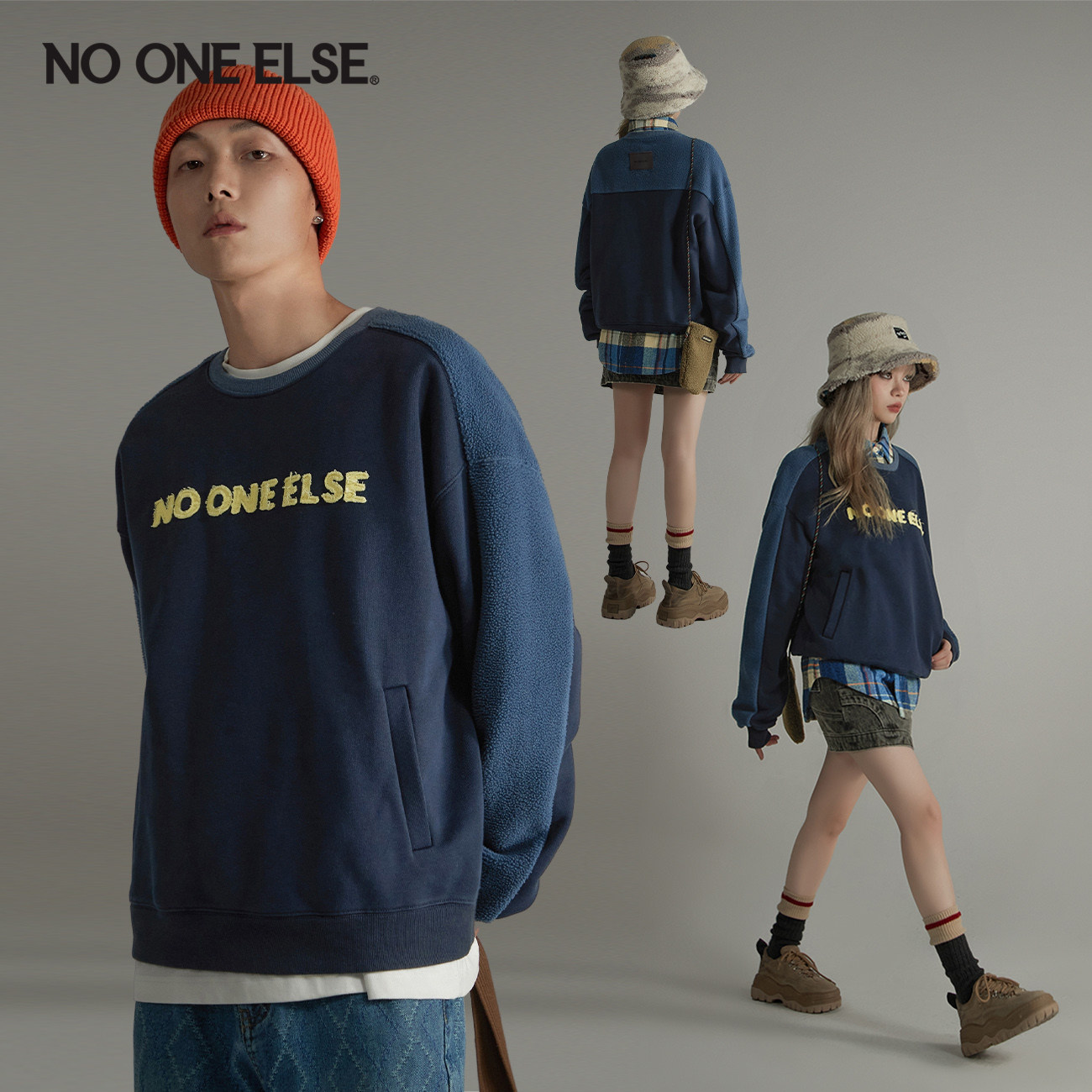 NO ONE ELSE宽松加绒卫衣男女同款2026冬季新品拼接圆领字母上衣