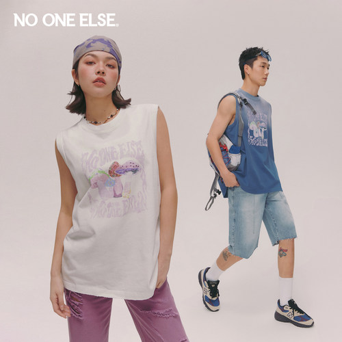【赵子琪同款】NO ONE ELSE蘑菇印花背心男女夏宽松休闲无袖上衣
