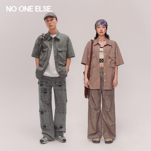 NO ONE ELSE贴标口袋衬衫男女2026夏季新款美式做旧翻领短袖衬衣