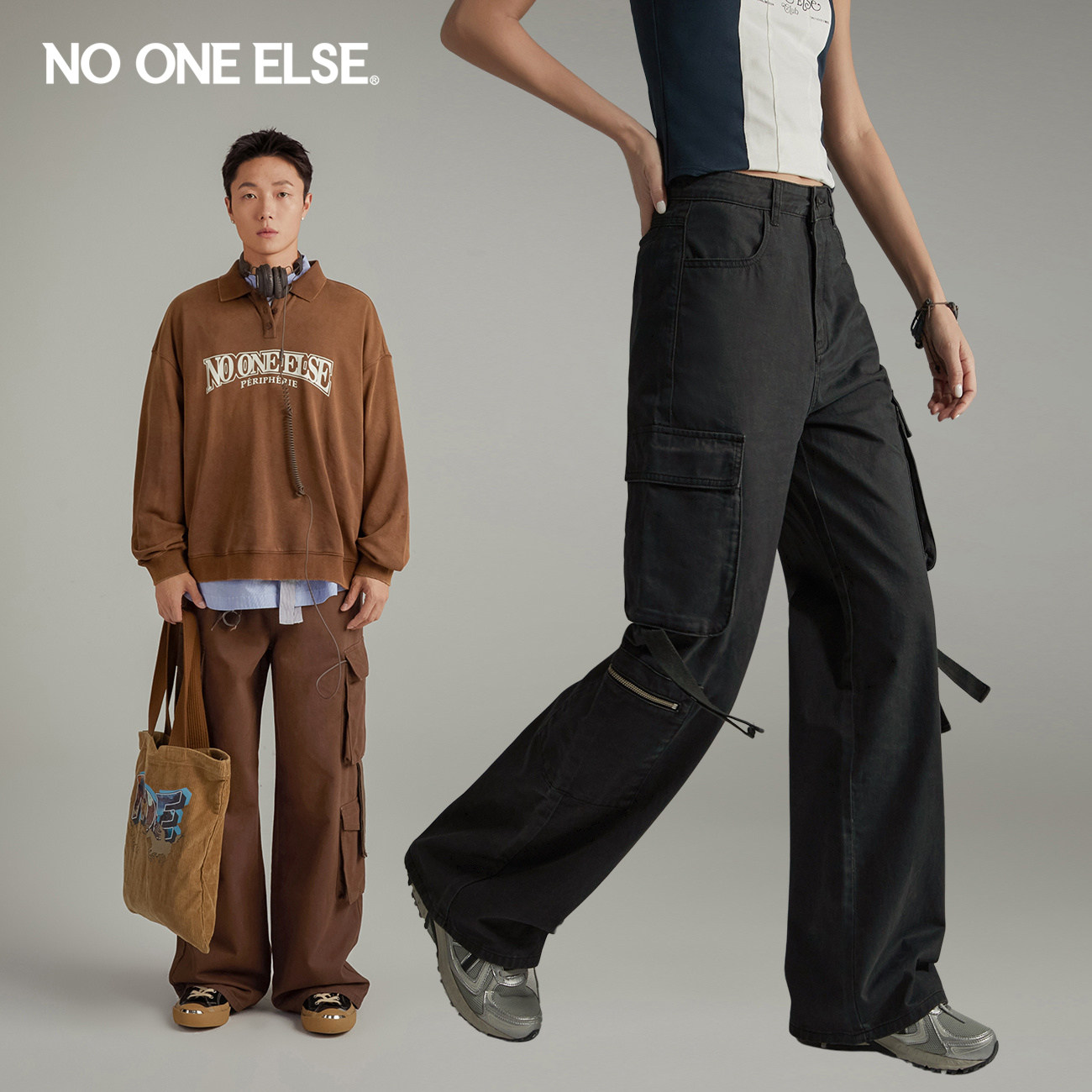 NO ONE ELSE多口袋做旧休闲裤男女同款2026年秋新品时尚阔腿裤子