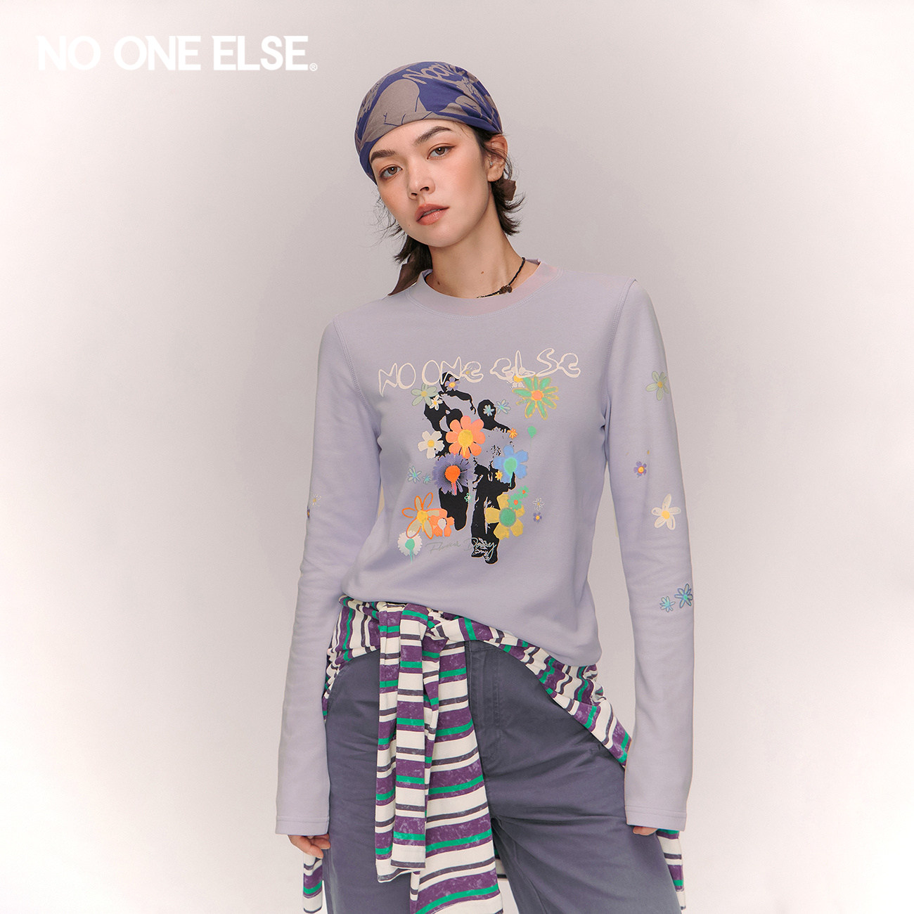 NO ONE ELSE个性印花T恤女2026年春新款美式潮流正肩套头长袖上衣