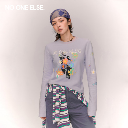 NO ONE ELSE个性印花T恤女2026年春新款美式潮流正肩套头长袖上衣