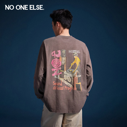 NO ONE ELSE字母印花T恤男女款2026春秋新品美式宽松长袖套头上衣