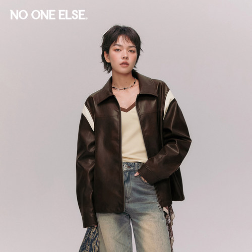 NO ONE ELSE撞色拼接PU皮夹克男女2026春秋新款美式压花翻领外套