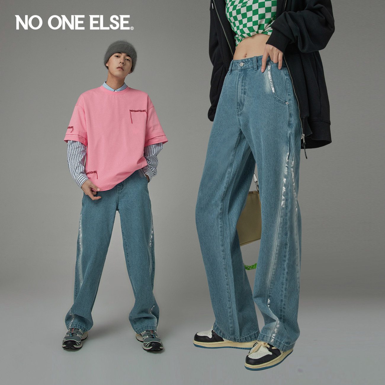 撞色高腰阔腿牛仔裤nooneelse图片