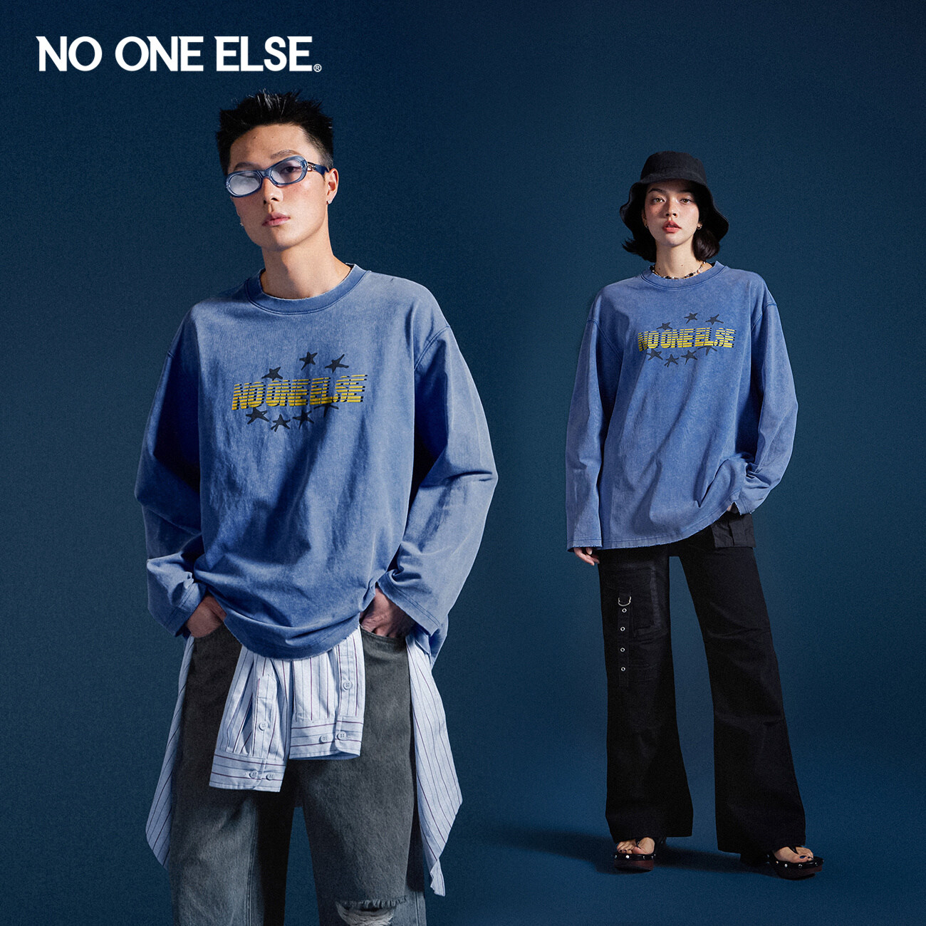 NO ONE ELSE字母印花T恤男女款2026年春秋新品圆领长袖磨破上衣