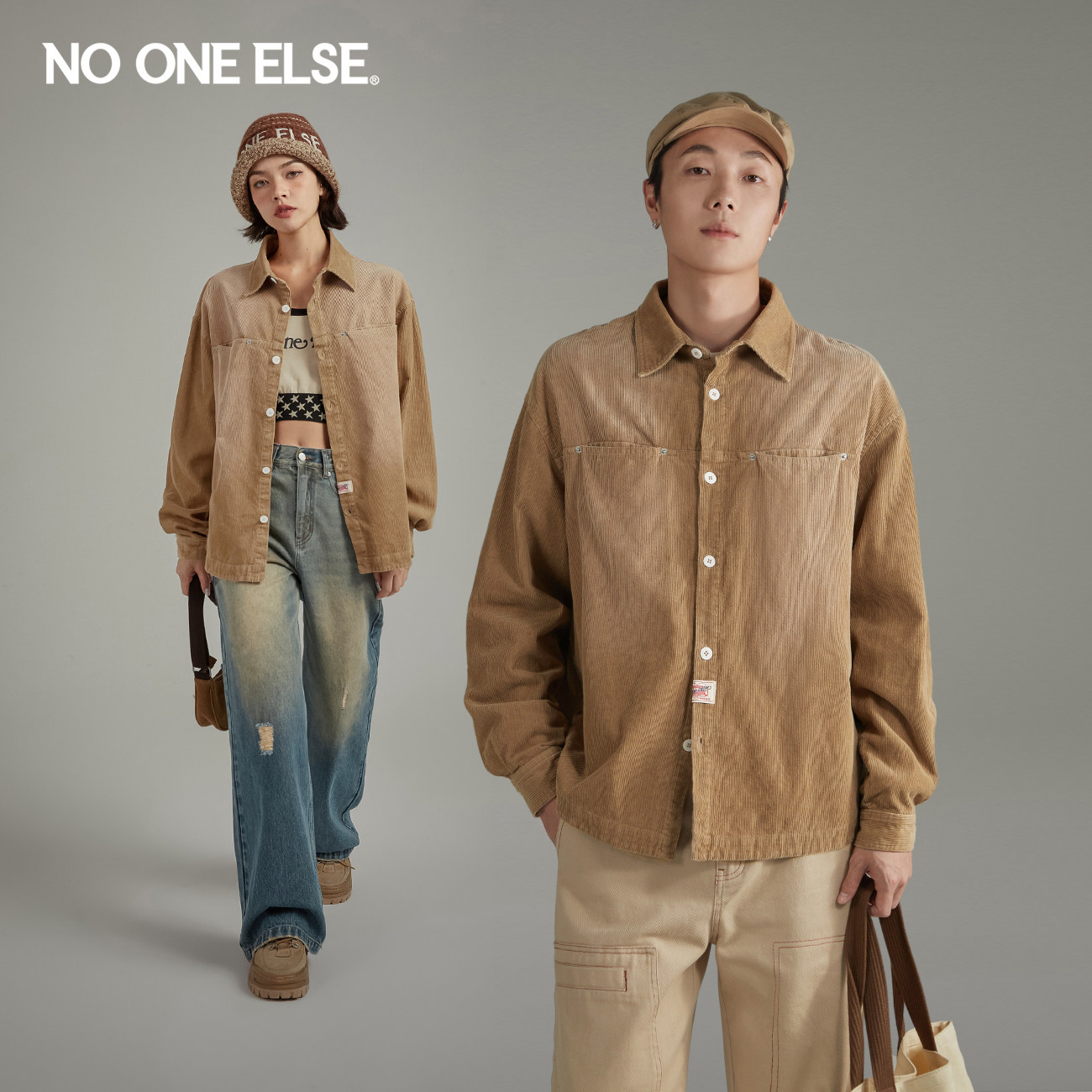 NO ONE ELSE口袋做旧衬衫男女款2026春秋新品美拉德长袖个性上衣