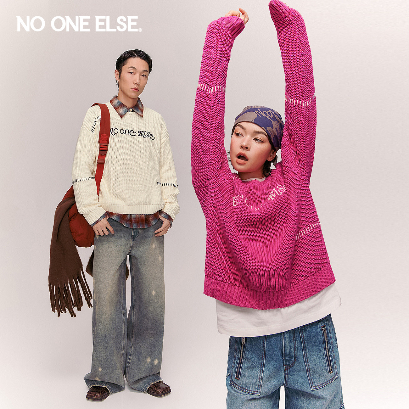 NO ONE ELSE字母刺绣针织衫男女2026春秋新款新年红套头长袖上衣