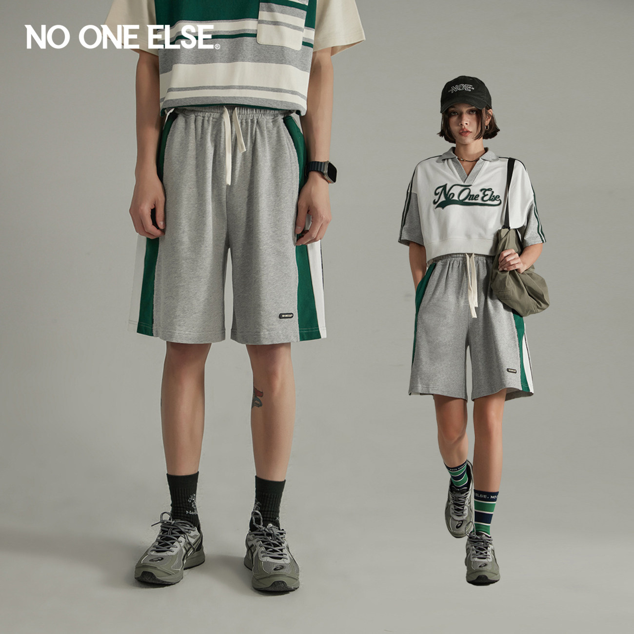 NO ONE ELSE高腰拼接抽绳休闲裤男女款2026夏季新品美式运动短裤