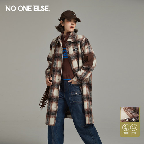 NO ONE ELSE格纹呢大衣女2026冬新品时尚复古个性中长款毛呢外套